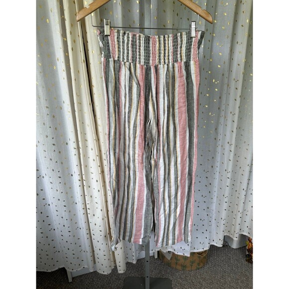 Indigo Rein Linen Blend Stripe Palazzo Wide Leg Pull On Smocked Back Midi Pants - Picture 4 of 5